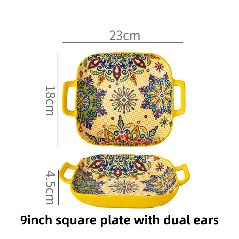 9-Inch Underglaze Ceramic Square Serving Plate with Dual Handles (Mirror Sunlight Style) - Microwave and Oven Safe Pasta & Fruit Tray - Image 1
