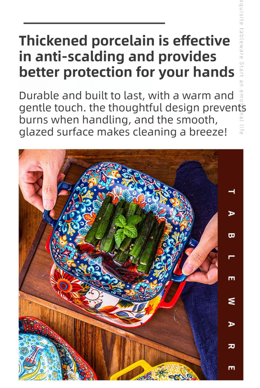 9-Inch Underglaze Ceramic Square Serving Plate with Dual Handles (Mirror Sunlight Style) - Microwave and Oven Safe Pasta & Fruit Tray - Image 3