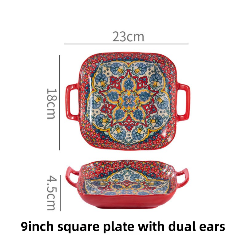 9-Inch Underglaze Ceramic Square Serving Plate with Dual Handles (Isdir Style) - Microwave and Oven Safe Pasta & Fruit Tray - Image 1