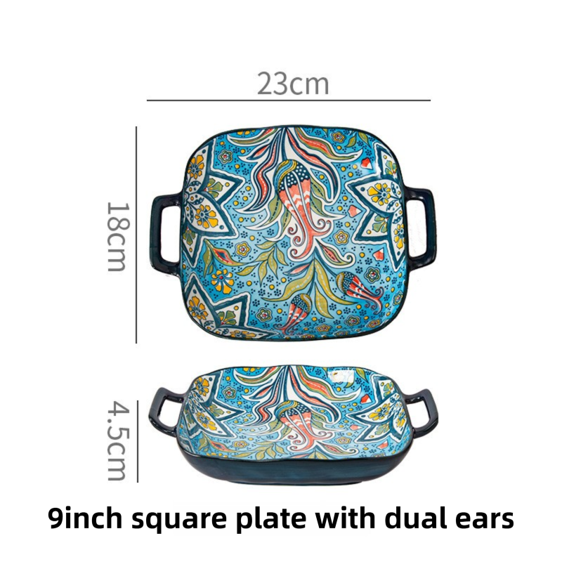 9-Inch Underglaze Ceramic Square Serving Plate with Dual Handles (Glandot Style) - Microwave and Oven Safe Pasta & Fruit Tray - Image 1