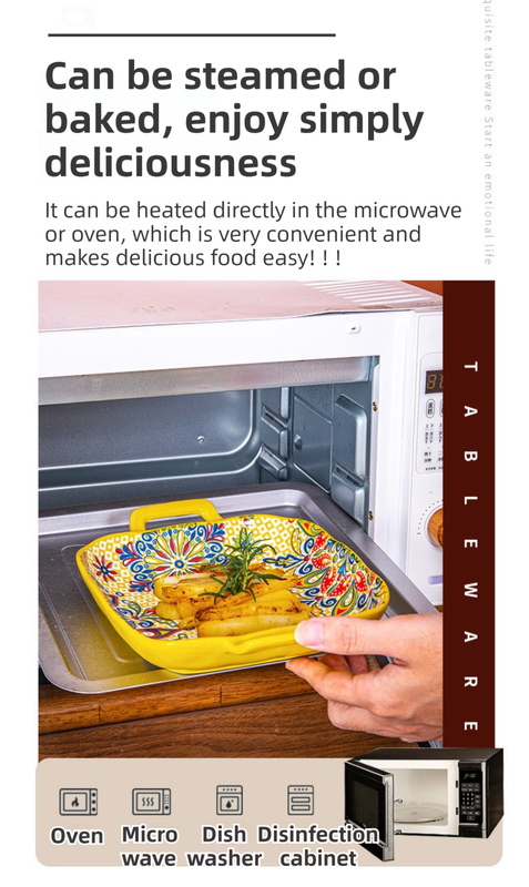 9-Inch Underglaze Ceramic Square Serving Plate with Dual Handles (Glandot Style) - Microwave and Oven Safe Pasta & Fruit Tray - Image 4