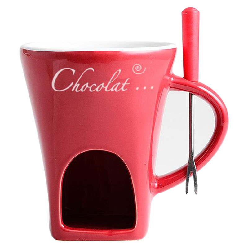Red European Style Ceramic Chocolate & Cheese Melter Set - 200ml Mini Melting Mug & Fork - Image 1