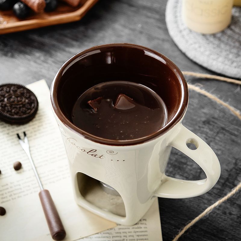 White European Style Ceramic Chocolate & Cheese Melter Set - 200ml Mini Melting Mug & Fork - Image 1