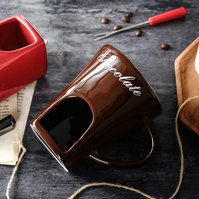 Coffee European Style Ceramic Chocolate & Cheese Melter Set - 200ml Mini Melting Mug & Fork - Image 1