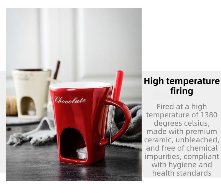 Coffee European Style Ceramic Chocolate & Cheese Melter Set - 200ml Mini Melting Mug & Fork - Image 3