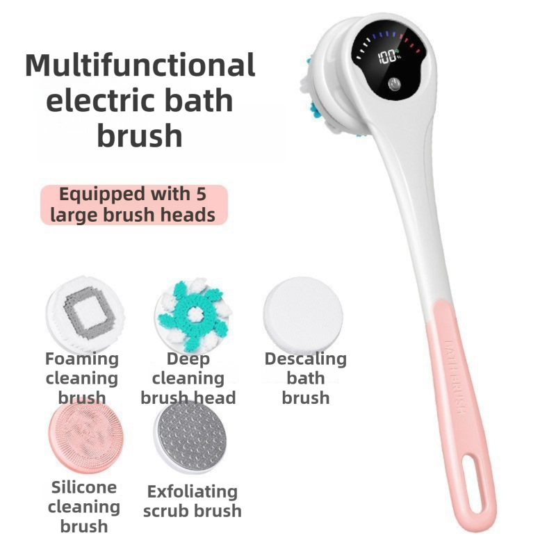 Pink Electric 360°Rotating Shower Brush with Long Handle for Back Scrubbing(43CM) - IPX7 Waterproof & Premium Silicone & PA Bristles - Image 1