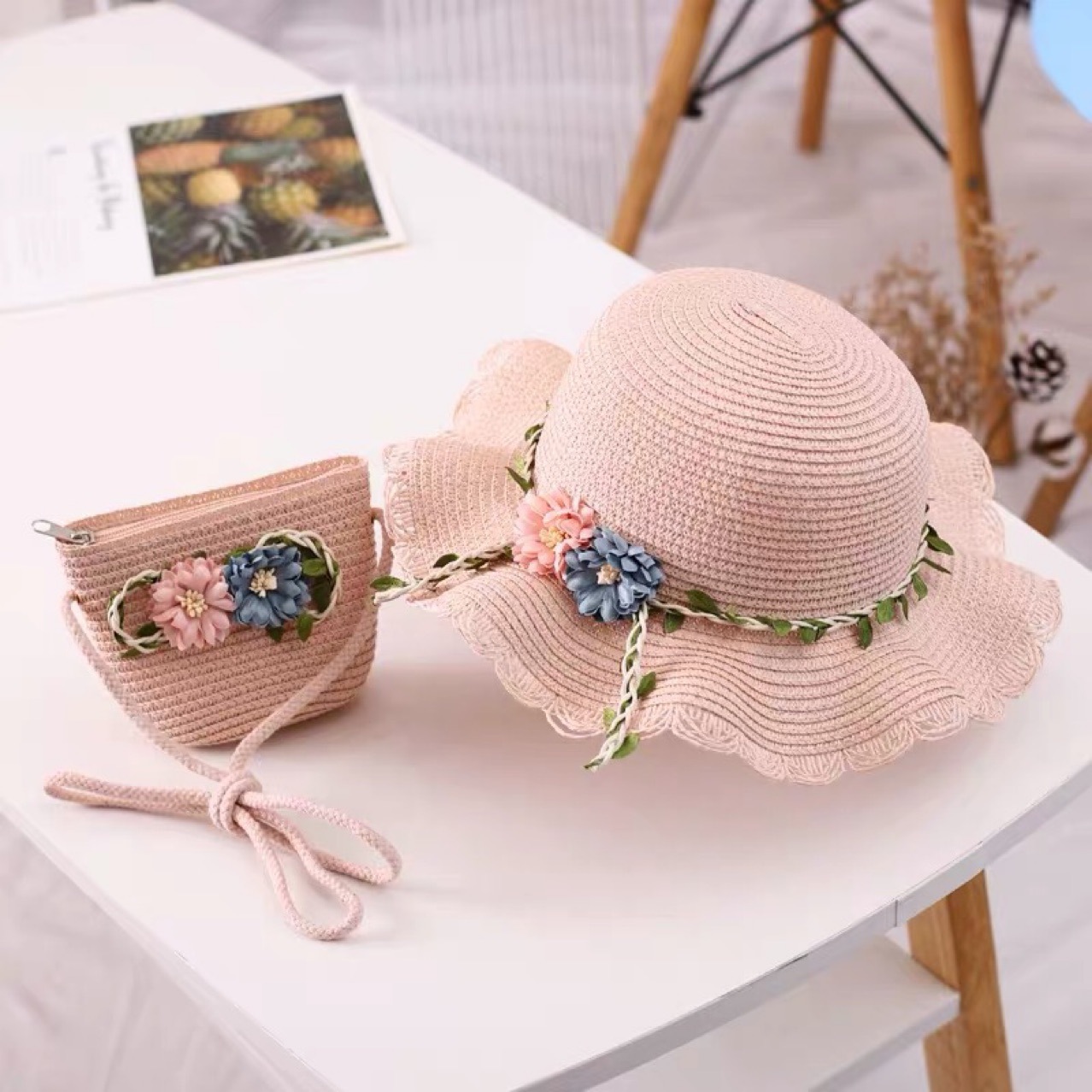 Pink Girls Summer Princess Straw Straw Hat and Matching Purse Set - Breathable Floral Wide Brim Sun Protection Sun Hat - Image 1