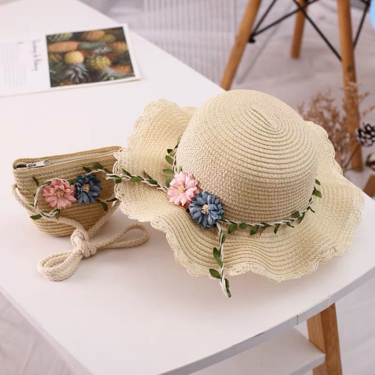 Beige Girls Summer Princess Straw Straw Hat and Matching Purse Set - Breathable Floral Wide Brim Sun Protection Sun Hat - Image 1