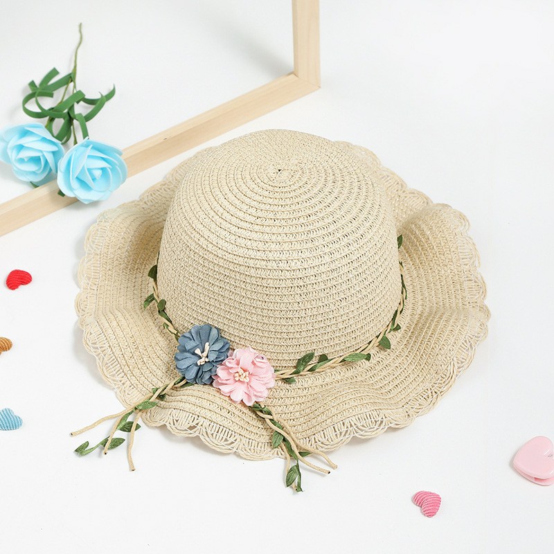 Beige Girls Summer Princess Straw Straw Hat and Matching Purse Set - Breathable Floral Wide Brim Sun Protection Sun Hat - Image 2