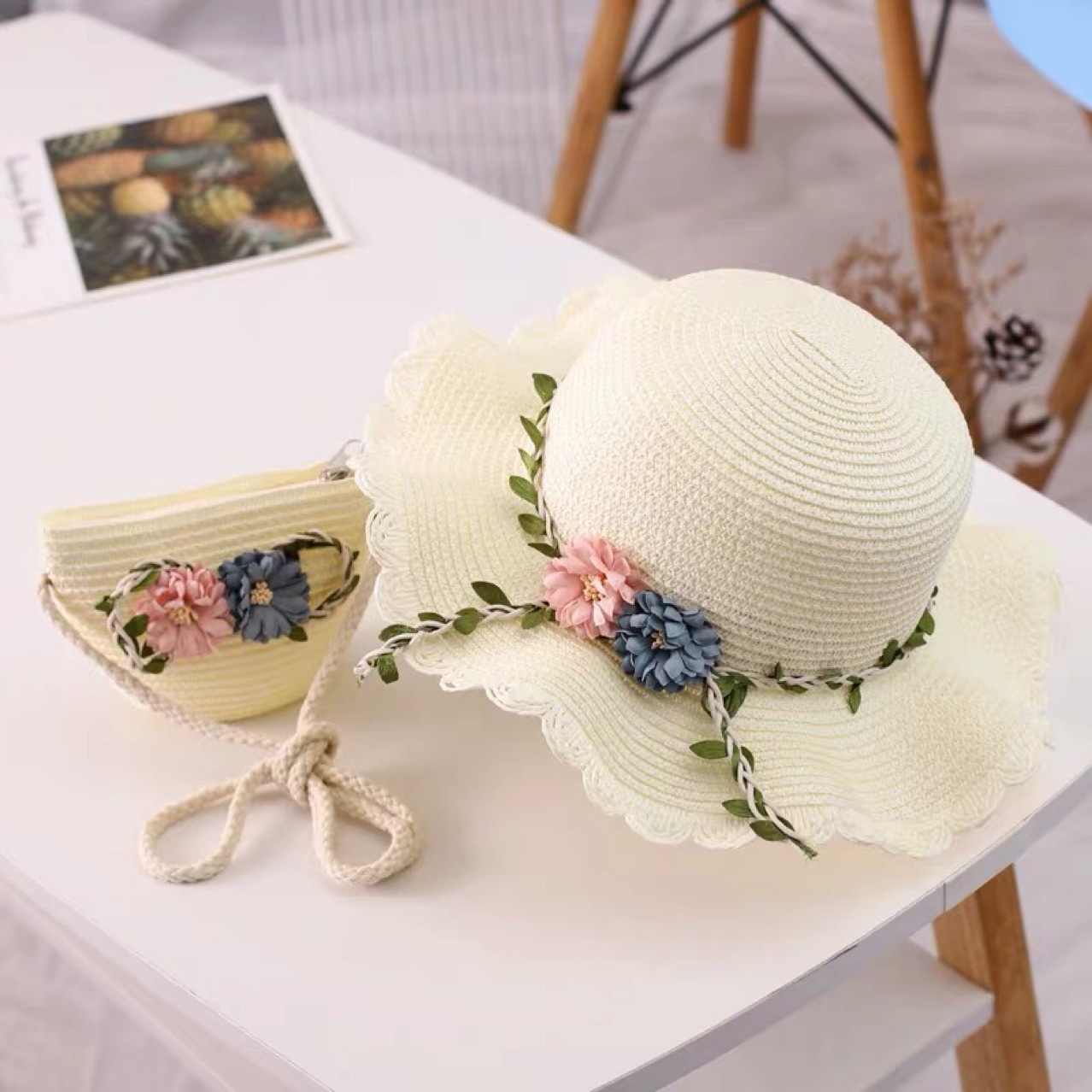 White Girls Summer Princess Straw Straw Hat and Matching Purse Set - Breathable Floral Wide Brim Sun Protection Sun Hat - Image 1