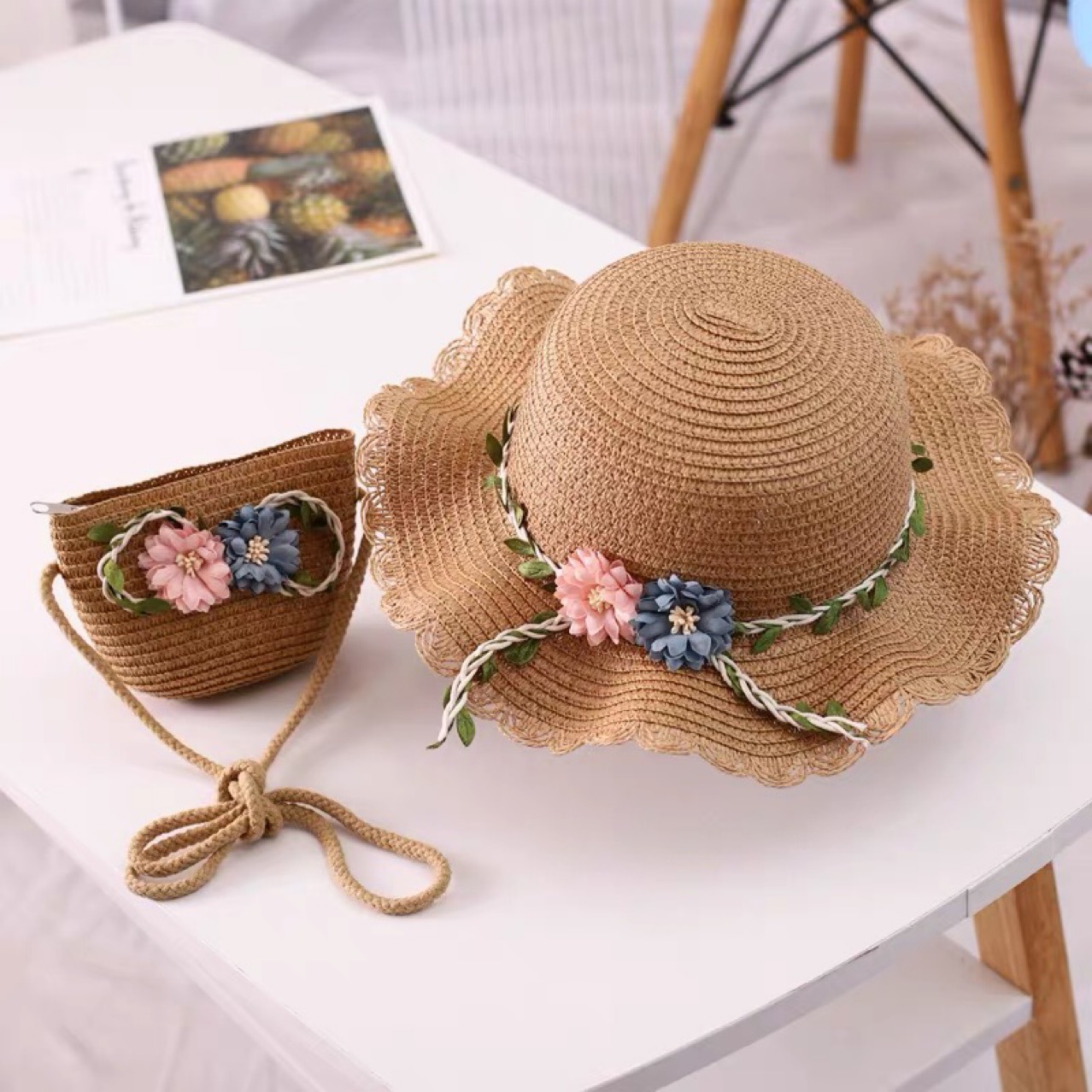 Khaki Girls Summer Princess Straw Straw Hat and Matching Purse Set - Breathable Floral Wide Brim Sun Protection Sun Hat - Image 1