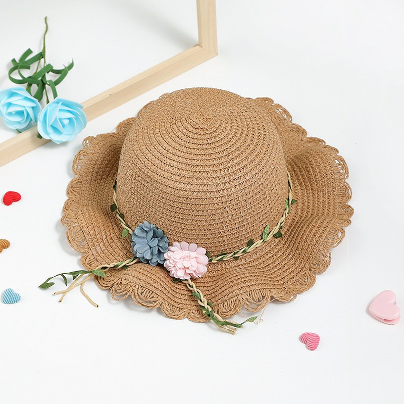 Khaki Girls Summer Princess Straw Straw Hat and Matching Purse Set - Breathable Floral Wide Brim Sun Protection Sun Hat - Image 2
