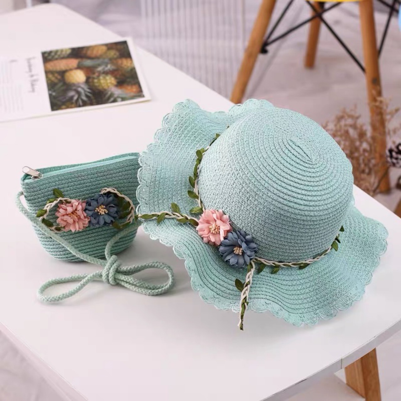 Green Girls Summer Princess Straw Straw Hat and Matching Purse Set - Breathable Floral Wide Brim Sun Protection Sun Hat - Image 1