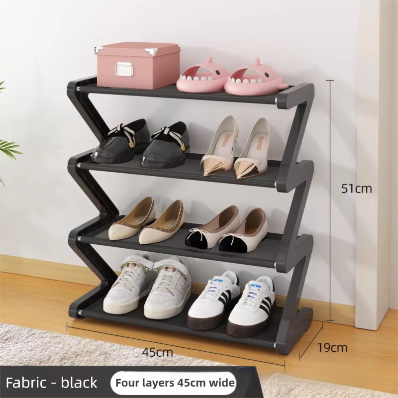 Black Stable Z-Shaped 4-Tier Shoe Rack(51x45CM) - Waterproof Cloth & Sturdy Steel Pipe, Easy Assembly & Space Saving for Dormitory & Small Apartments - Image 1