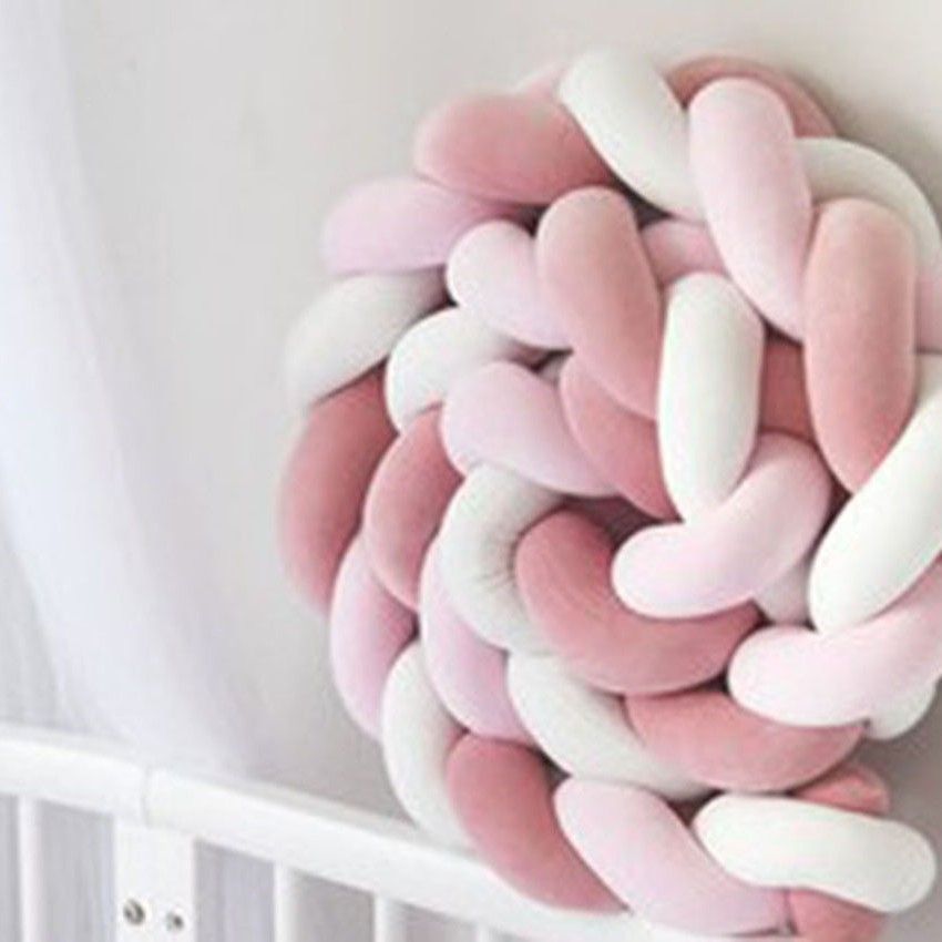 White & Pink 2M Nordic 3-Strand Hand-Braided Knot Long Pillow - Soft Plush Sofa Cushion, Room Decor for Bedroom & Living Room - Image 1