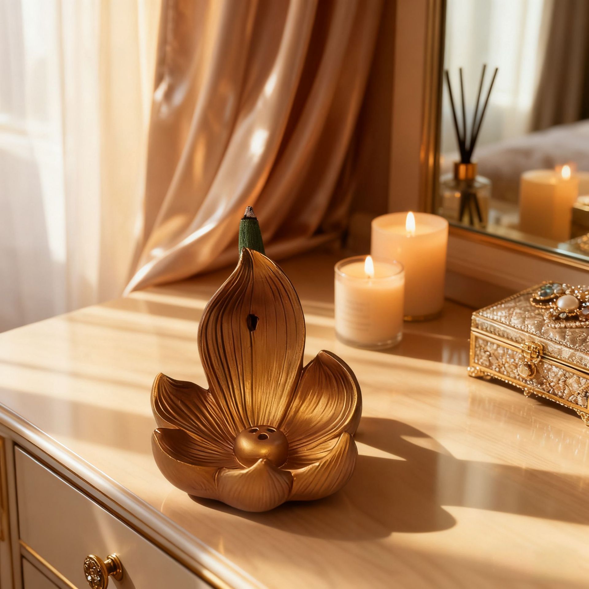 Gold Zen Lotus Waterfall Backflow Aroma Diffuser - Premium Elegant Resin Craft for Meditation & Yoga, 10cm Compact Design - Image 1