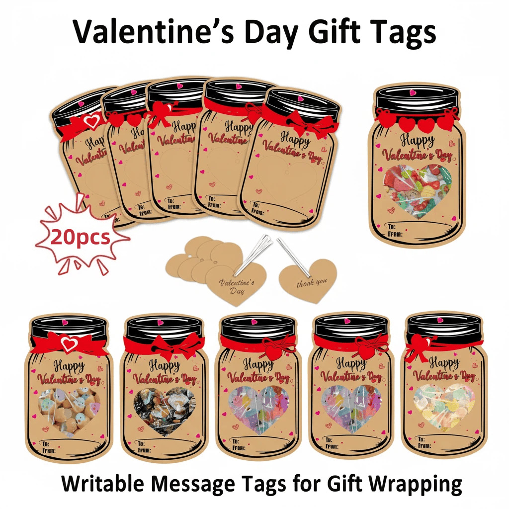 20PCS Valentine's Day Drift Bottle Shaped Gift Card Set - Premium Coated Paper Greeting Card for Family / School Exchanges and Party Favors - Image 1