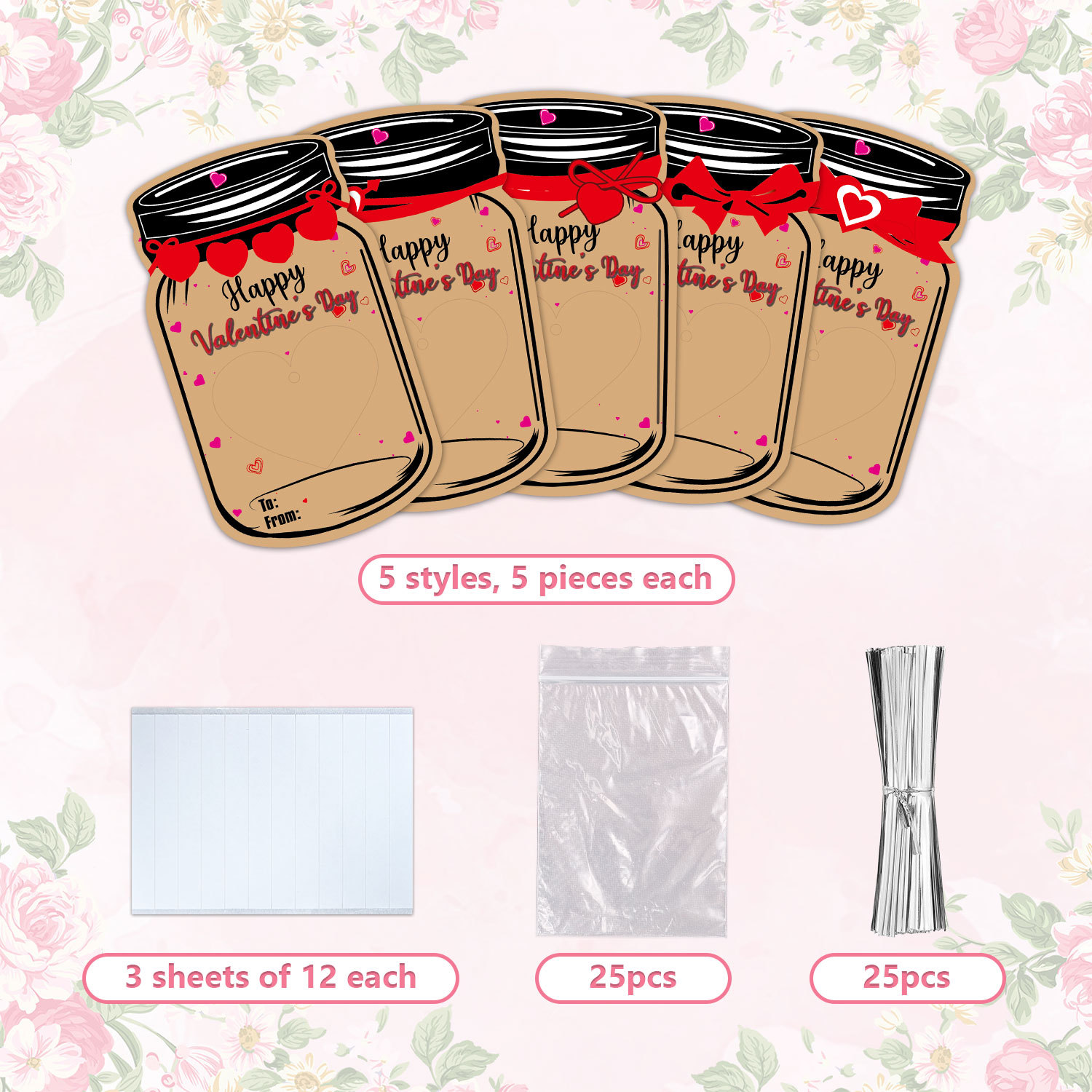 25PCS Valentine's Day Drift Bottle Shaped Gift Card Set - Premium Coated Paper Greeting Card for Family / School Exchanges and Party Favors - Image 1