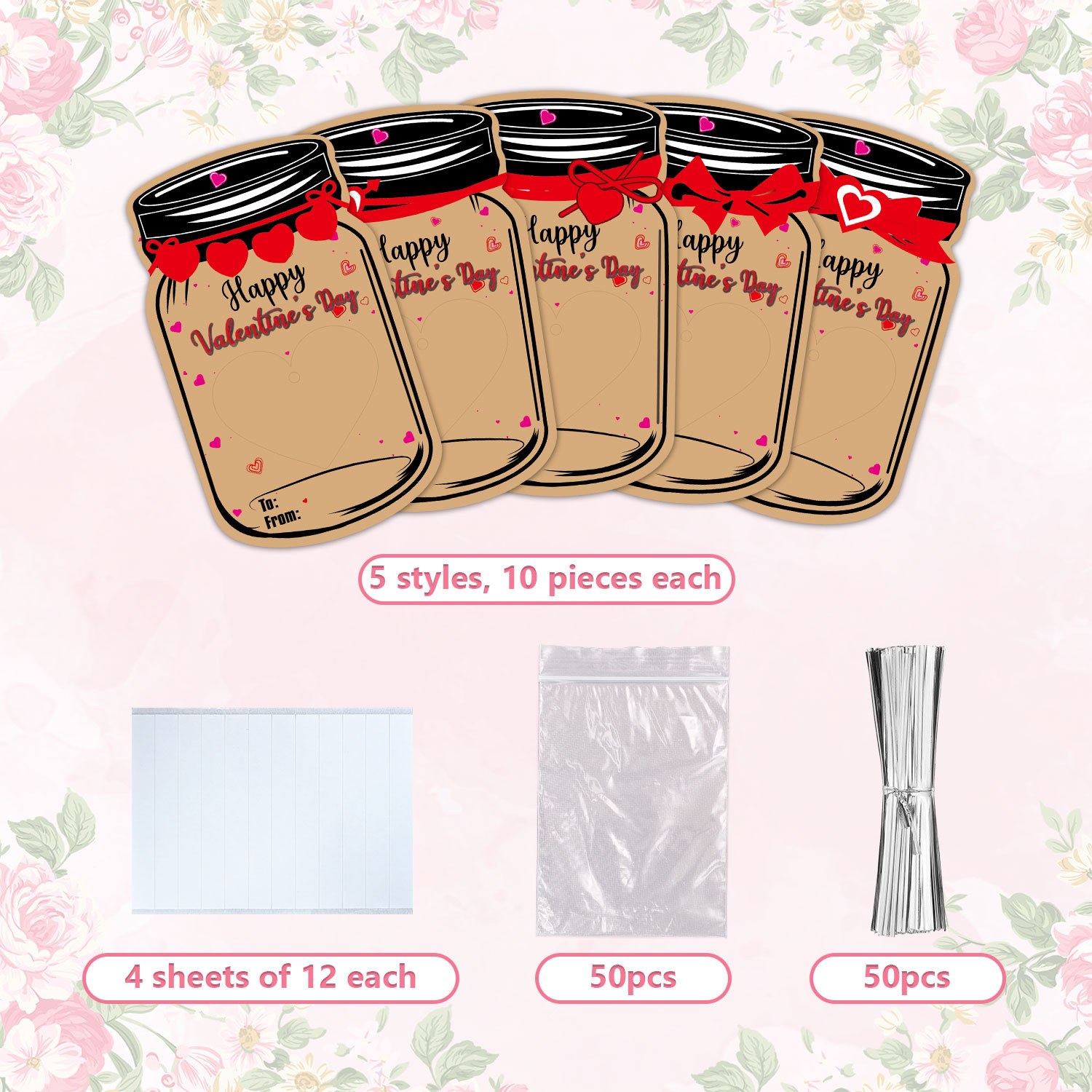 50PCS Valentine's Day Drift Bottle Shaped Gift Card Set - Premium Coated Paper Greeting Card for Family / School Exchanges and Party Favors - Image 1