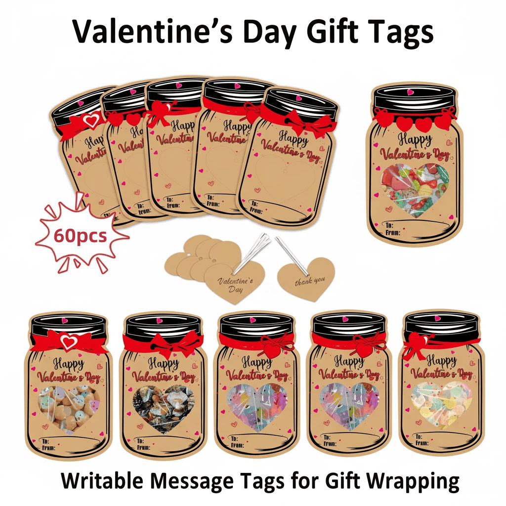 60PCS Valentine's Day Drift Bottle Shaped Gift Card Set - Premium Coated Paper Greeting Card for Family / School Exchanges and Party Favors - Image 1