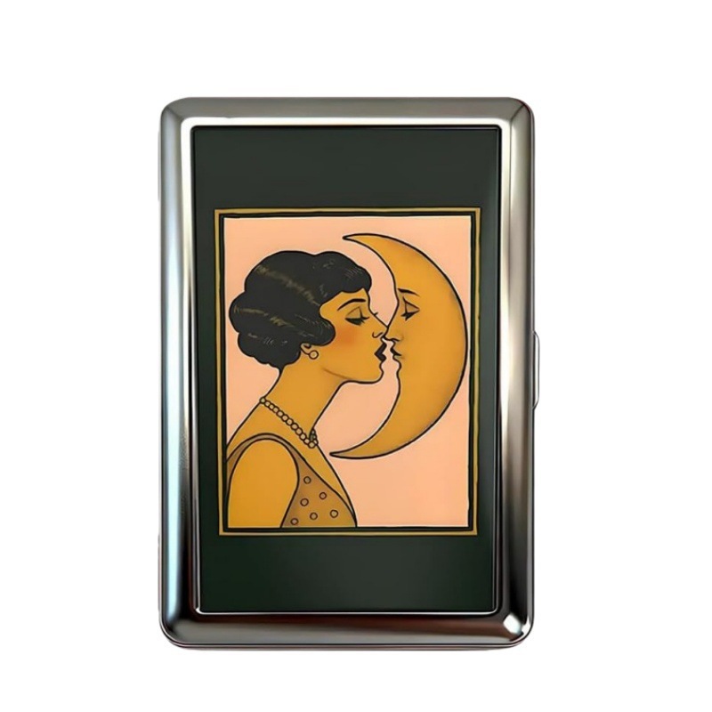 Retro Metal Card Cash & Cigarette Case with Fixed Clip - Moon Kiss Artistic Slim Wallet (10.3X6X2cm) - Image 1
