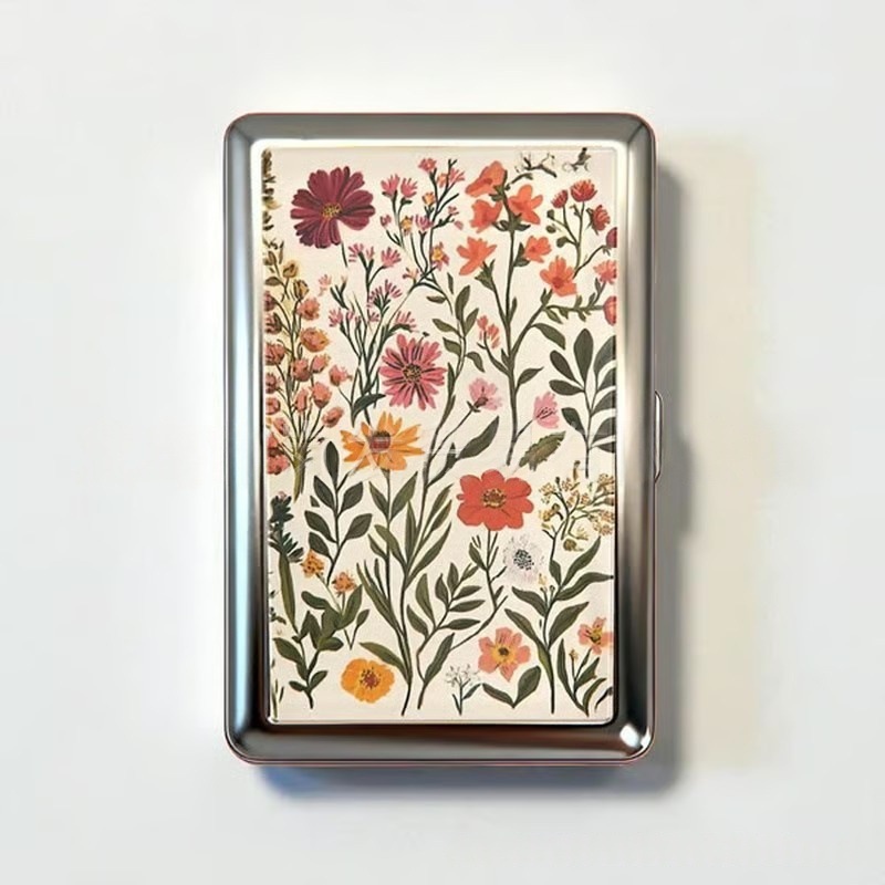 Retro Metal Card Cash & Cigarette Case with Fixed Clip - Flower Artistic Slim Wallet (10.3X6X2cm) - Image 1