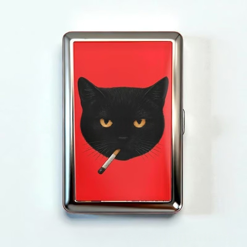 Retro Metal Card Cash & Cigarette Case with Fixed Clip - Black Cat Artistic Slim Wallet (10.3X6X2cm) - Image 1