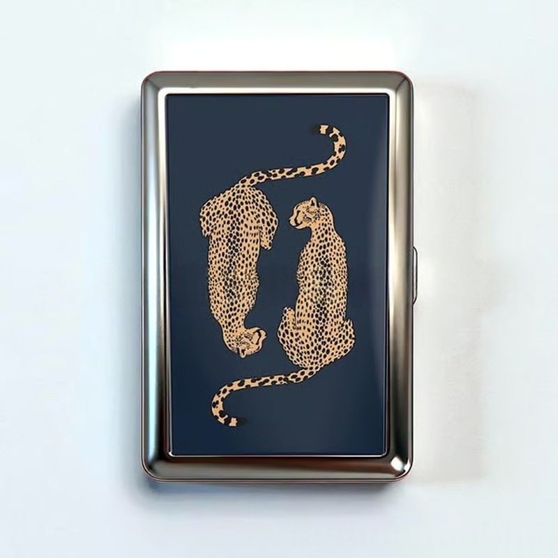 Retro Metal Card Cash & Cigarette Case with Fixed Clip - Leopard Artistic Slim Wallet (10.3X6X2cm) - Image 1