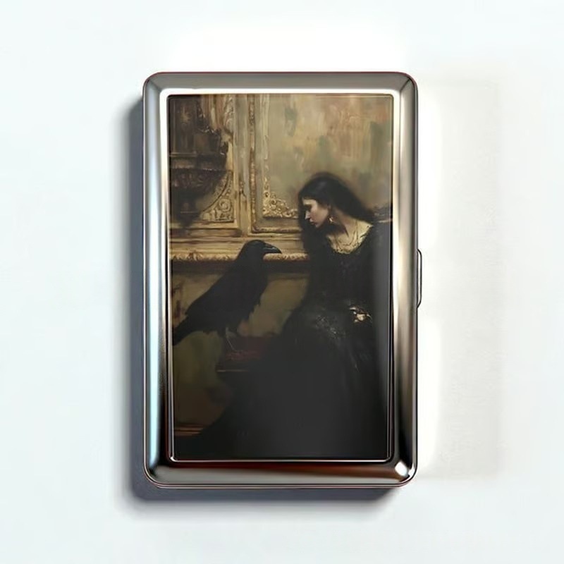 Retro Metal Card Cash & Cigarette Case with Fixed Clip - Crow Artistic Slim Wallet (10.3X6X2cm) - Image 1