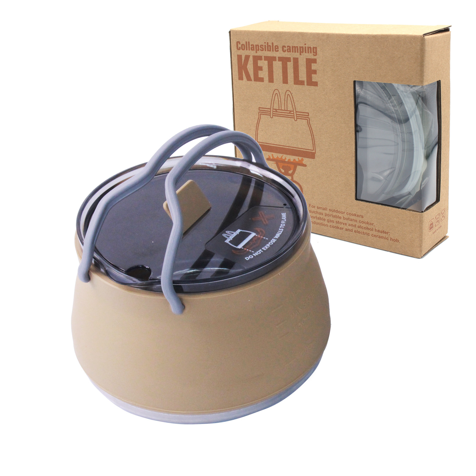 Khaki 1L Portable Collapsible Camping Kettle - Food-Grade Silicone Body with 304 Stainless Steel Base, Compatible with Induction & Gas Stoves - Image 1
