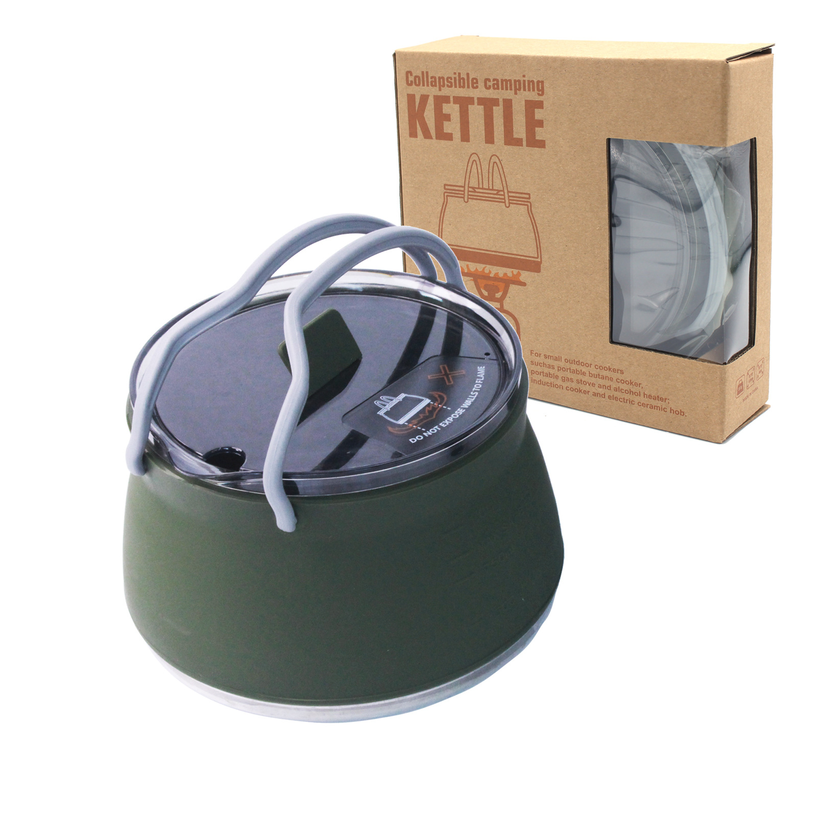 Dark Green 1L Portable Collapsible Camping Kettle - Food-Grade Silicone Body with 304 Stainless Steel Base, Compatible with Induction & Gas Stoves - Image 1