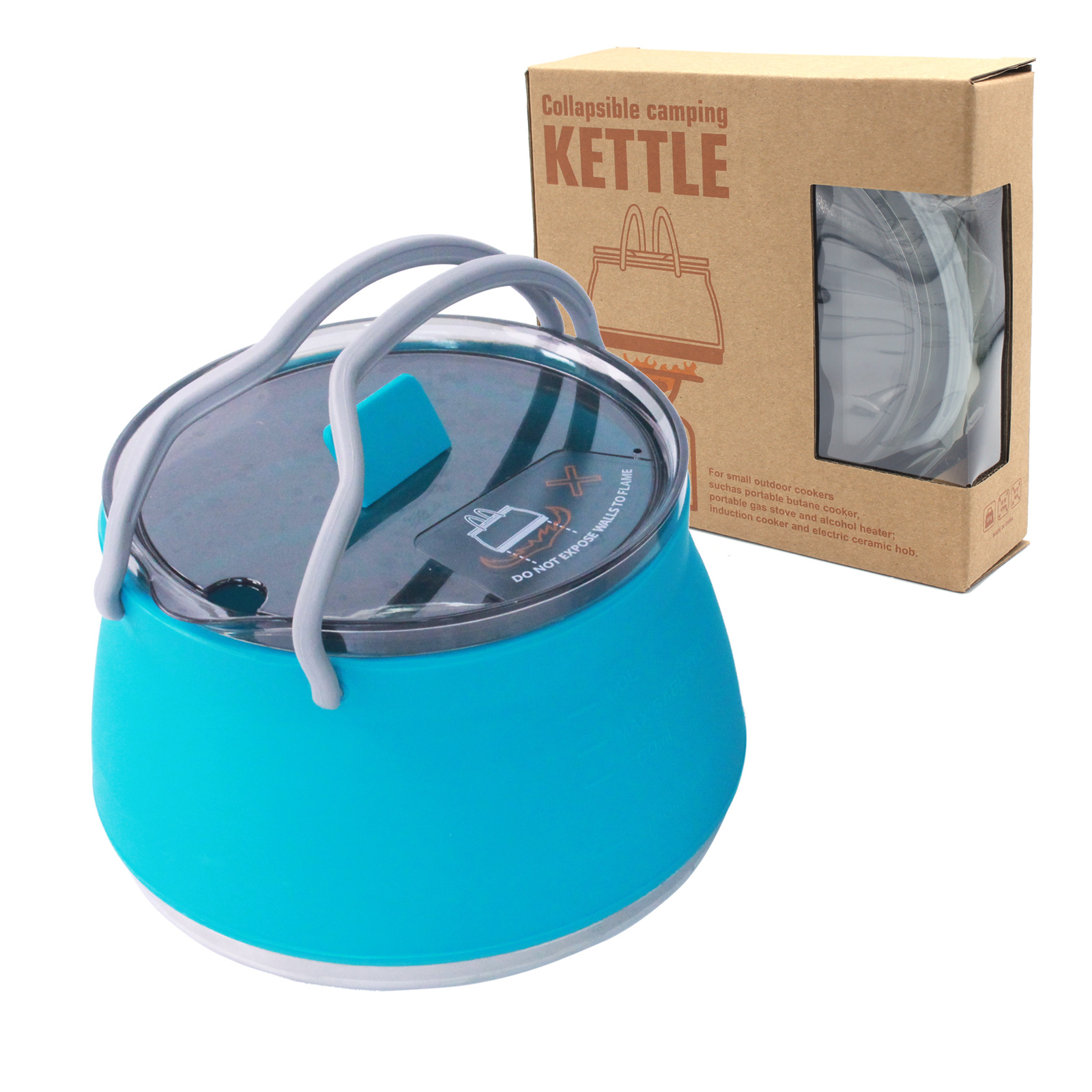 Blue 1L Portable Collapsible Camping Kettle - Food-Grade Silicone Body with 304 Stainless Steel Base, Compatible with Induction & Gas Stoves - Image 1