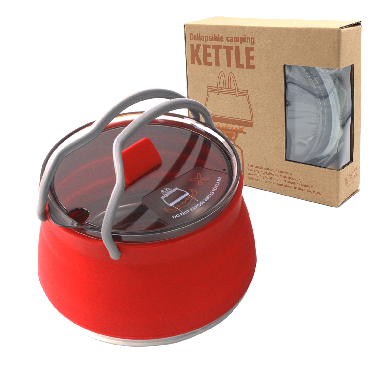 Red 1L Portable Collapsible Camping Kettle - Food-Grade Silicone Body with 304 Stainless Steel Base, Compatible with Induction & Gas Stoves - Image 1