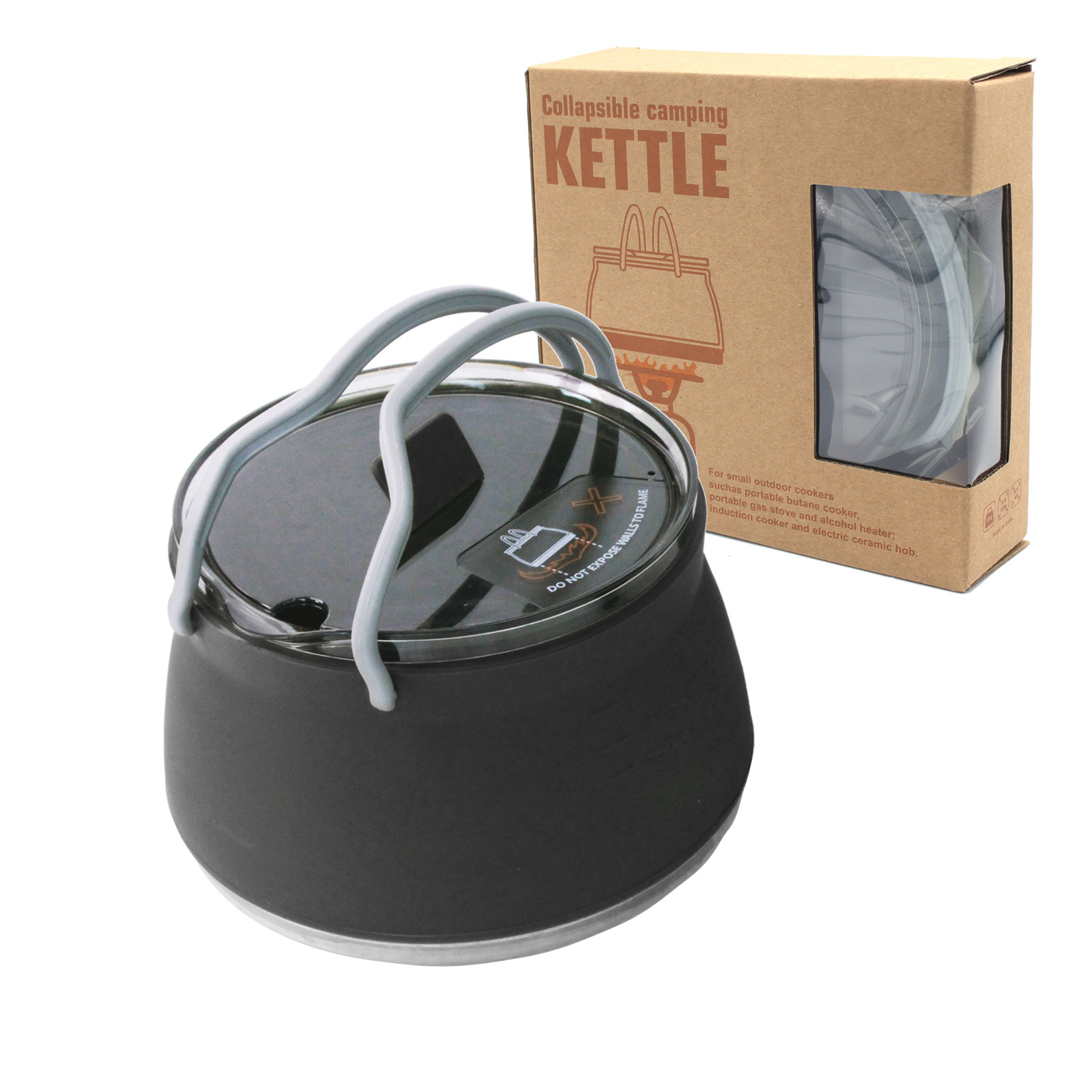 Black 1L Portable Collapsible Camping Kettle - Food-Grade Silicone Body with 304 Stainless Steel Base, Compatible with Induction & Gas Stoves - Image 1