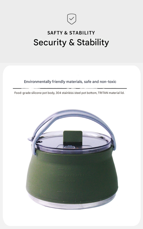 Black 1L Portable Collapsible Camping Kettle - Food-Grade Silicone Body with 304 Stainless Steel Base, Compatible with Induction & Gas Stoves - Image 5