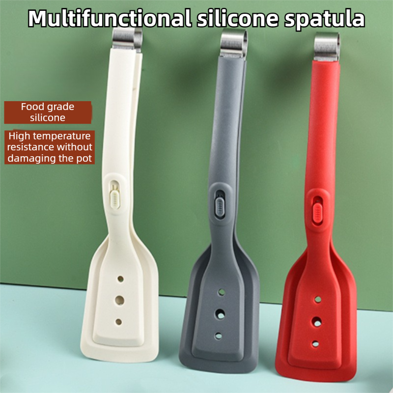 2-in-1 Black Silicone Spatula Tongs with Locking Clip & Oil Drainage - Non-Stick Heat Resistant Food Flipper & Kitchen Clamp - Image 2