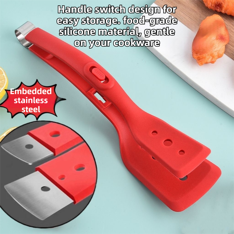 2-in-1 Grey Silicone Spatula Tongs with Locking Clip & Oil Drainage - Non-Stick Heat Resistant Food Flipper & Kitchen Clamp - Image 3