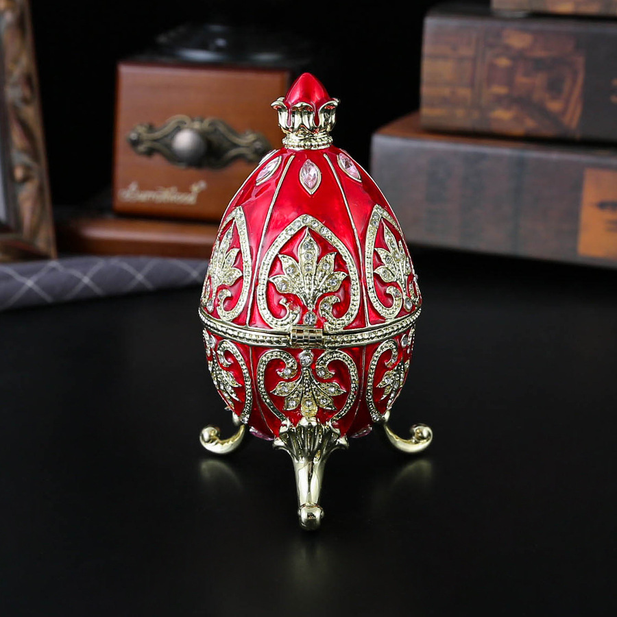 Red Vintage European Rhinestone Inlaid Embossed Enameled Jewelry Box - Hand-Painted Easter Egg Metal Craft - Image 1