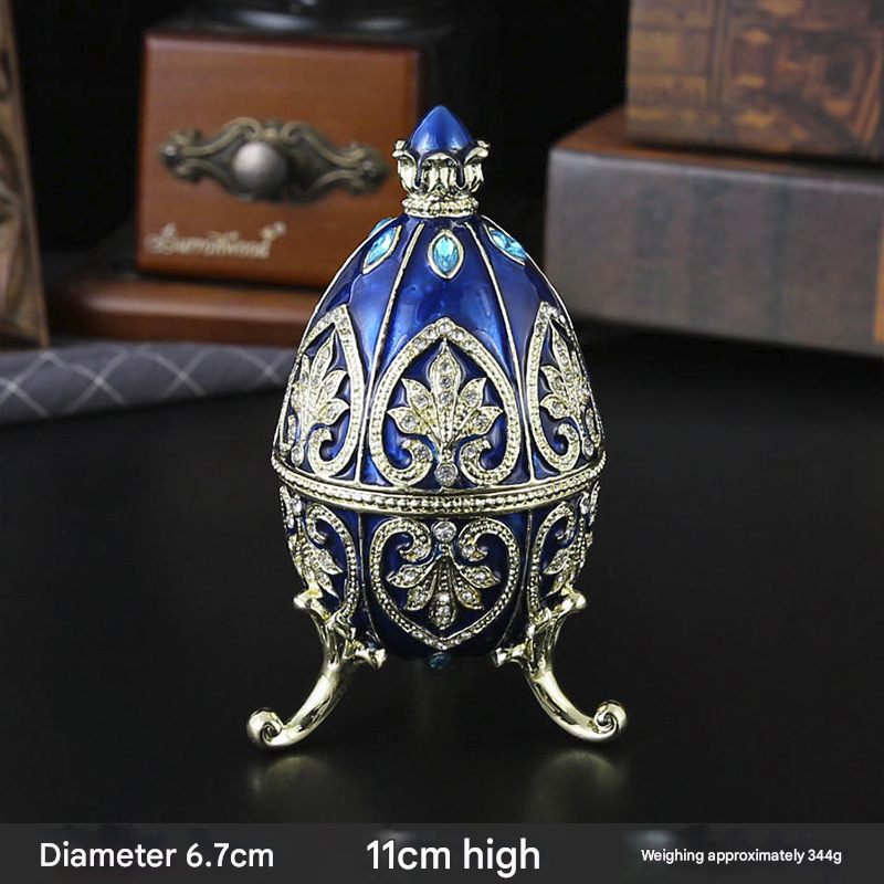 Blue Vintage European Rhinestone Inlaid Embossed Enameled Jewelry Box - Hand-Painted Easter Egg Metal Craft - Image 1