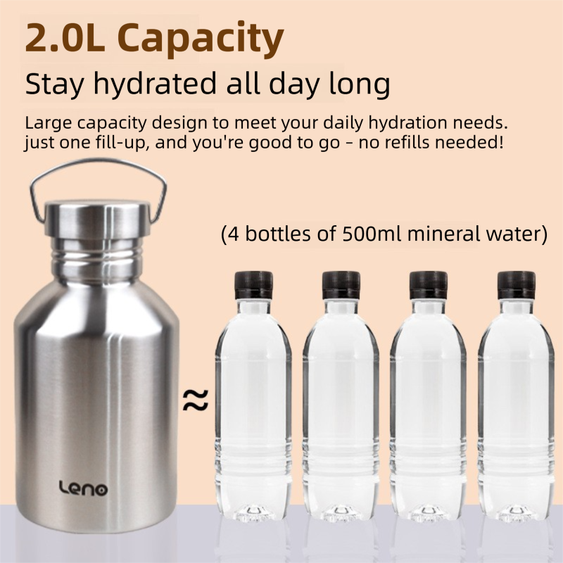 2L Large Capacity Outdoor Sports Adventure Water Bottle - Food-Grade 304 Stainless Steel with Portable Handle & 7cm Wide Mouth - Image 2