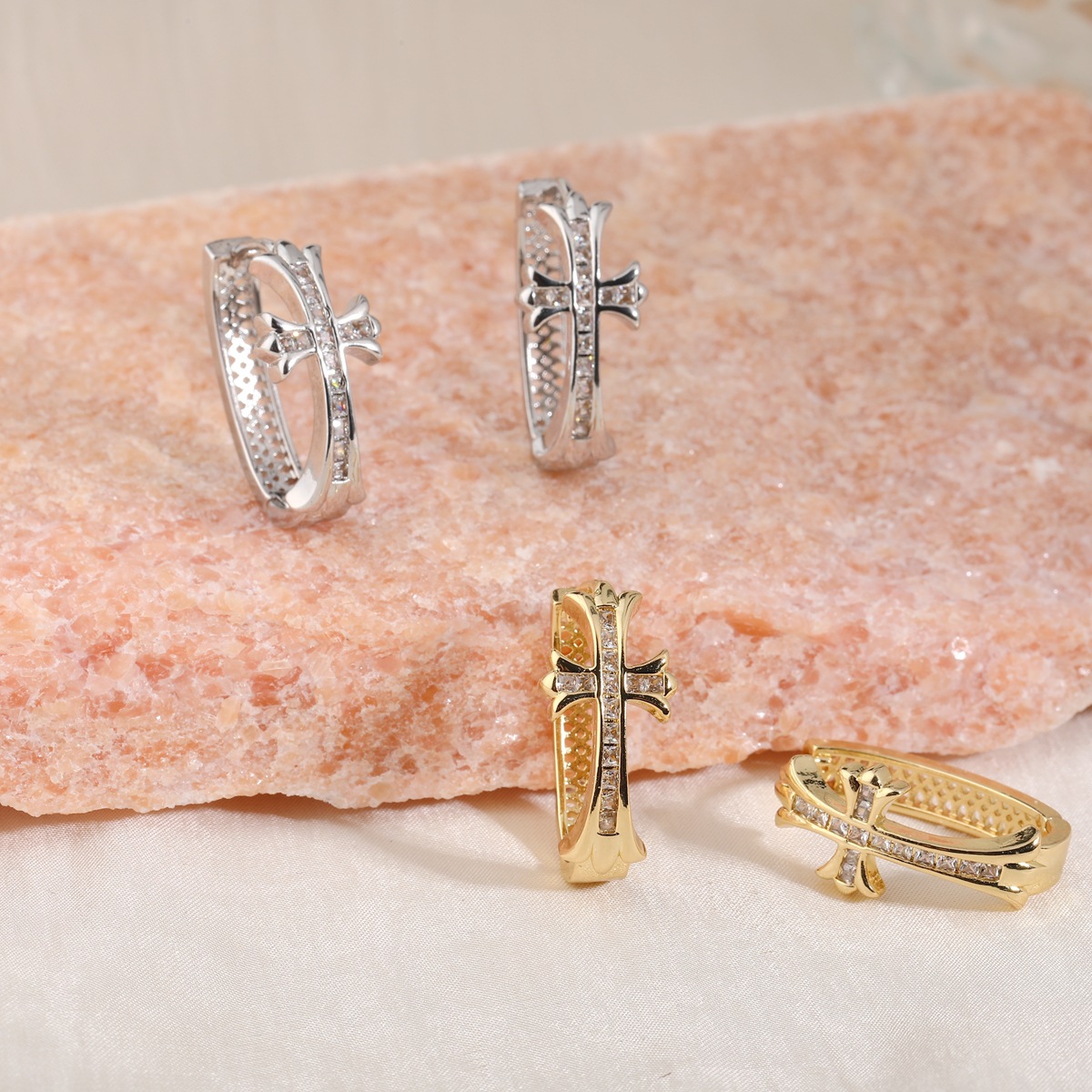 1-Pair Gold Sparkling Iced Out Rhinestone Cross Hoop Earrings - Punk Elegance Ear Buckle for Women - Image 2
