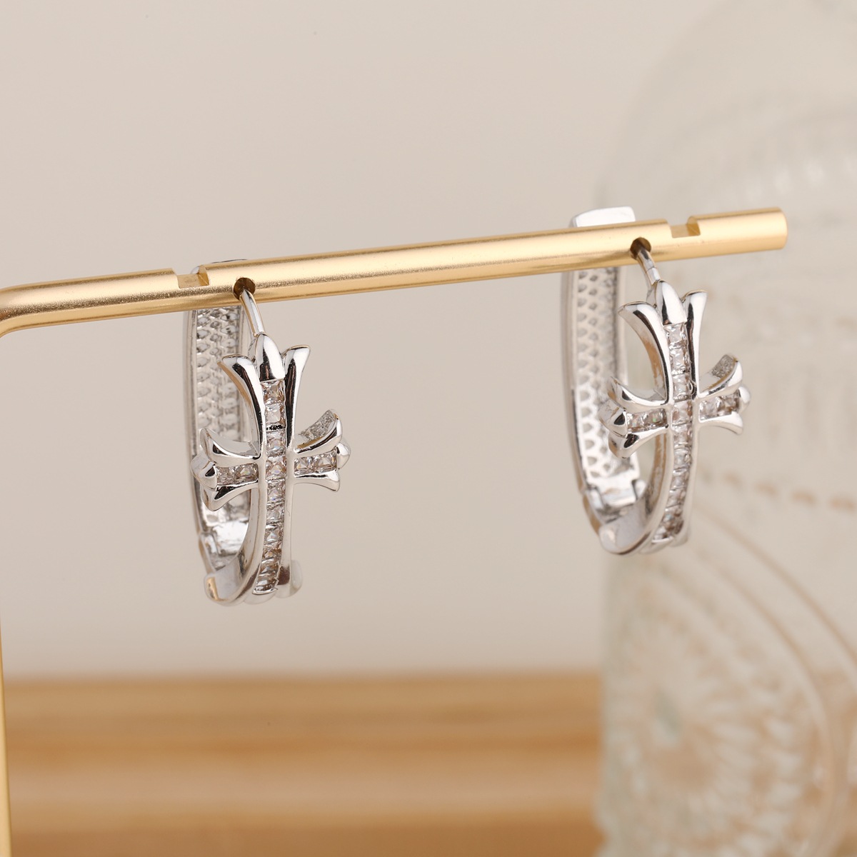 2-Pair Sliver Sparkling Iced Out Rhinestone Cross Hoop Earrings - Punk Elegance Ear Buckle for Women - Image 1