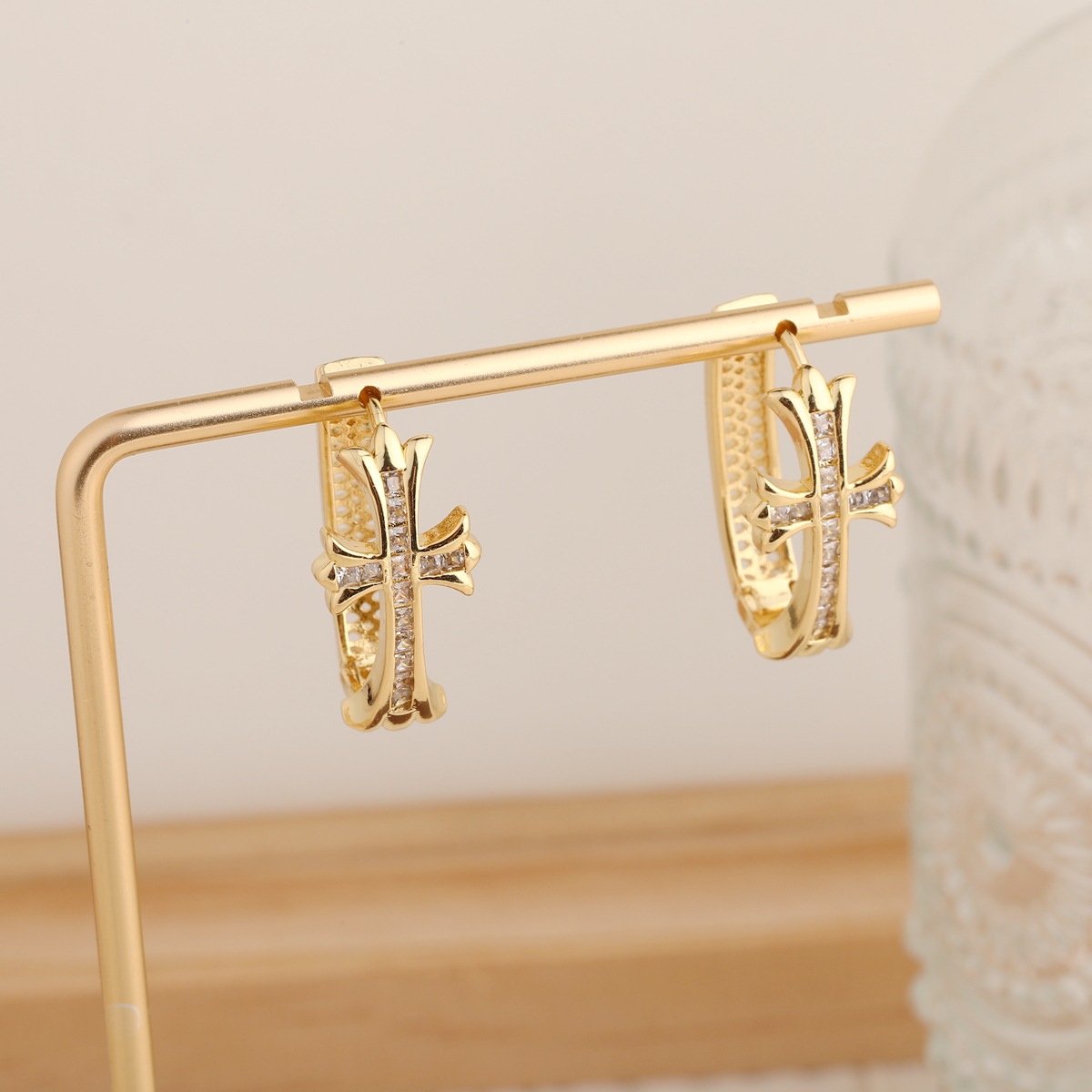 2-Pair Gold & Sliver Sparkling Iced Out Rhinestone Cross Hoop Earrings - Punk Elegance Ear Buckle for Women - Image 3