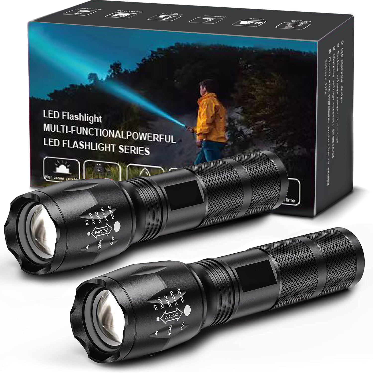 2-Pack High-Powered LED Flashlight with 500m Long Range - Zoomable Focus & Waterproof Tactical Torch - Durable Aluminum Alloy - Image 1