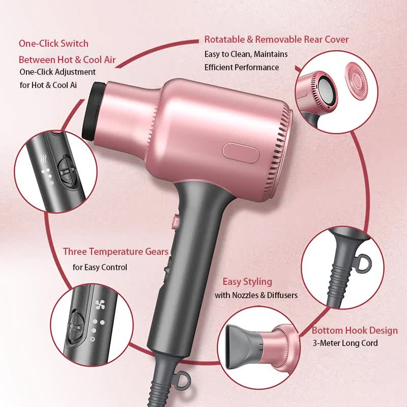 Pink Portable silent Hair Dryer with 3 Heat/Speed Settings and 3 Accessories - High-Power Blow Dryer, 3M Long Cord & 8CM Wide Outlet - Image 2
