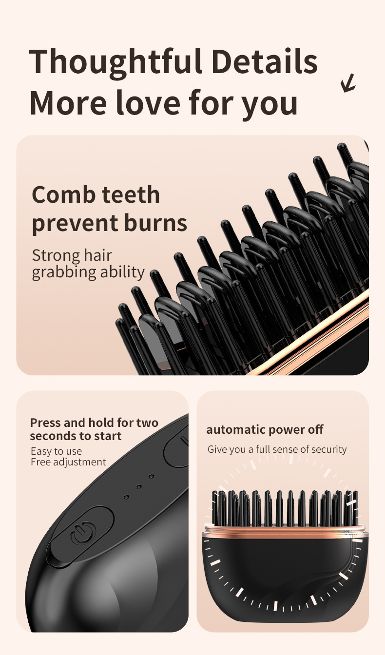 Black Cordless Portable Hair Straightening & Curling Brush - Plant Protein Coating for Hair Protection, 30s Fast Heating & Dual Anti-Scald - Image 6