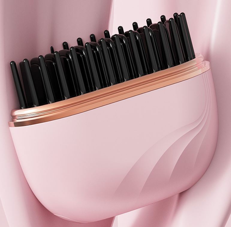 Pink Cordless Portable Hair Straightening & Curling Brush - Plant Protein Coating for Hair Protection, 30s Fast Heating & Dual Anti-Scald - Image 1