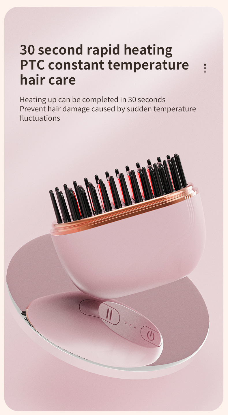 Pink Cordless Portable Hair Straightening & Curling Brush - Plant Protein Coating for Hair Protection, 30s Fast Heating & Dual Anti-Scald - Image 6