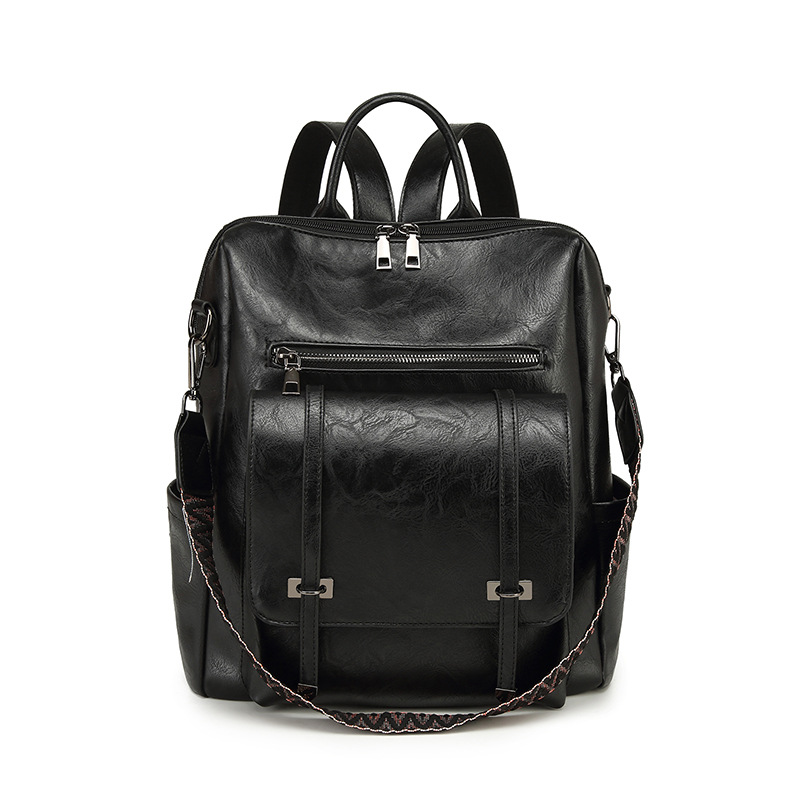 Black Retro Soft PU Leather Backpack for Women - Water-Resistant Large Capacity Travel Rucksack with Dual Detachable Straps - Image 1
