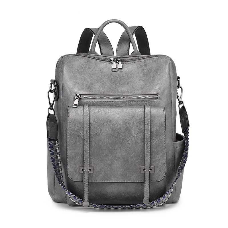 Grey Retro Soft PU Leather Backpack for Women - Water-Resistant Large Capacity Travel Rucksack with Dual Detachable Straps - Image 1